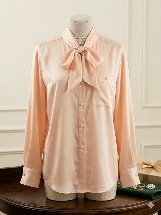 town and country Tops - Vintage Town & Country Bow Blouse - Peach Satin-Finish Polyester - Size 10